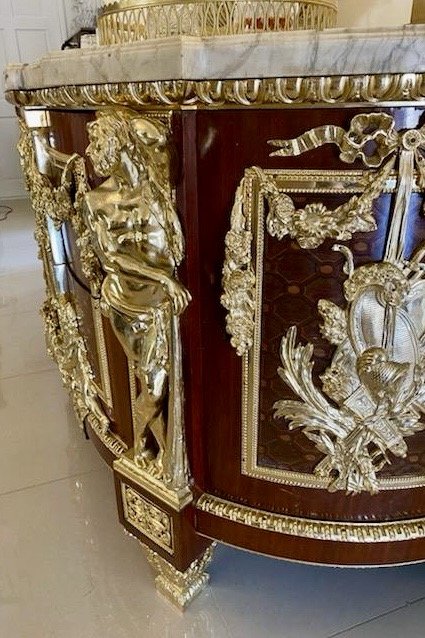 Antique Rare Fine Pair of French Early 20th Century Mahogany, Fruitwood Marquetry and Gilt Bronze Mounted Commodes In the Louis XVI Style, after the Original By Jean-Henri Riesener - Image 7